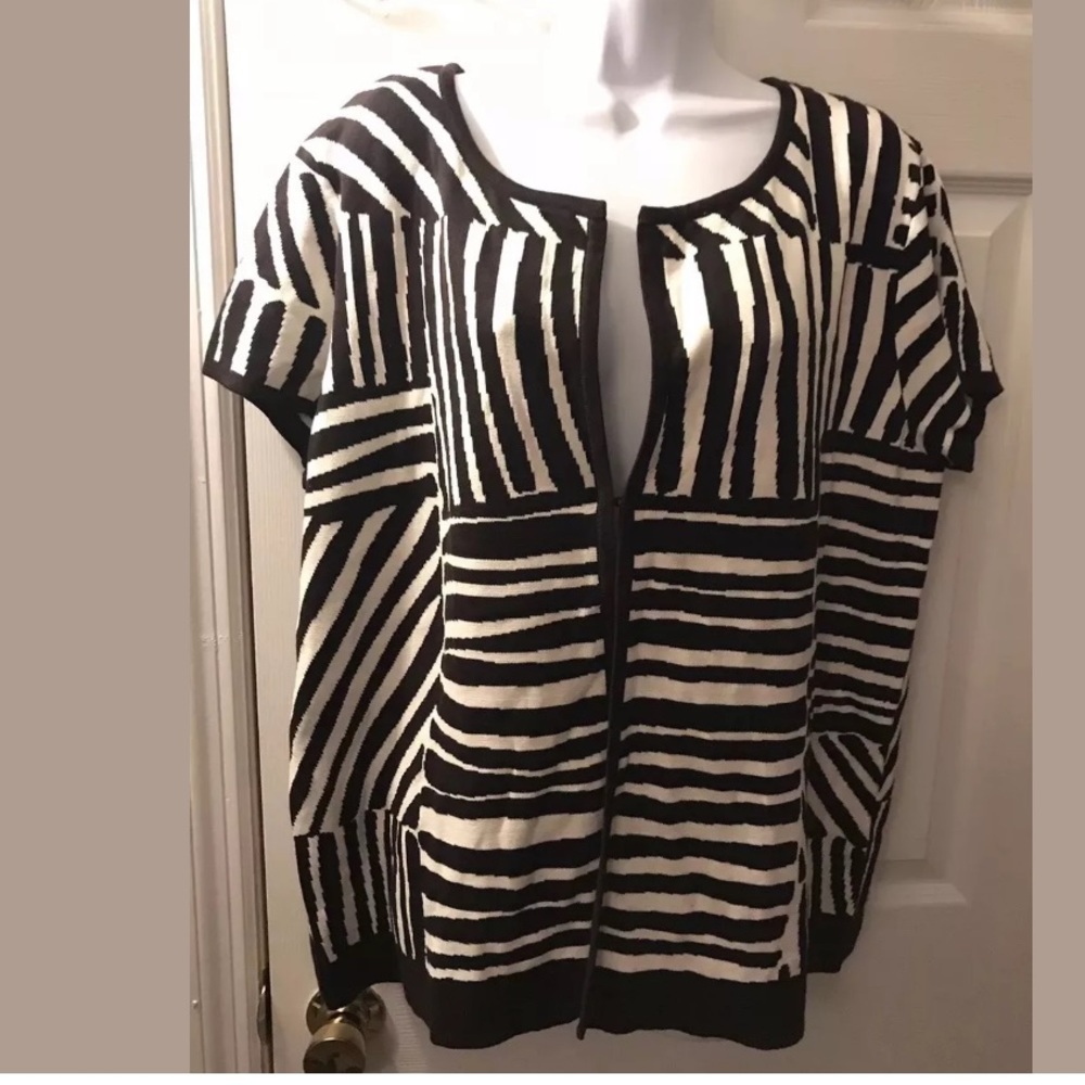 CHICO’S Cardigan Sweater Zebra Print Knit Brown White Animal Print Pattern Work
